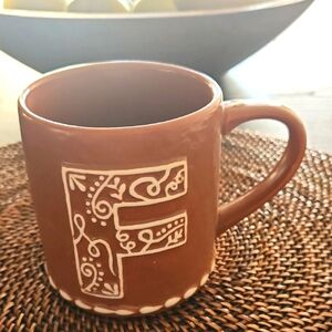 Pottery Barn, Gingerbread pattern Brown & White Ceramic Mug Letter "F" NWT